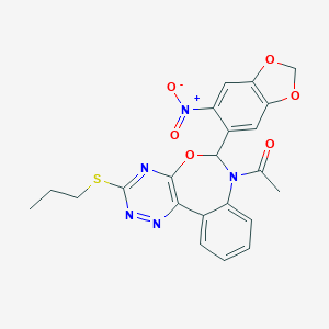 molecular formula C22H19N5O6S B308343 1-[6-(6-nitro-1,3-benzodioxol-5-yl)-3-(propylsulfanyl)[1,2,4]triazino[5,6-d][3,1]benzoxazepin-7(6H)-yl]ethanone 