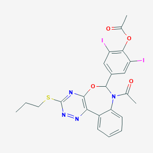 molecular formula C23H20I2N4O4S B308353 4-[7-Acetyl-3-(propylsulfanyl)-6,7-dihydro[1,2,4]triazino[5,6-d][3,1]benzoxazepin-6-yl]-2,6-diiodophenyl acetate 