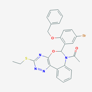 molecular formula C27H23BrN4O3S B308382 1-{6-[2-(benzyloxy)-5-bromophenyl]-3-(ethylsulfanyl)[1,2,4]triazino[5,6-d][3,1]benzoxazepin-7(6H)-yl}ethanone 