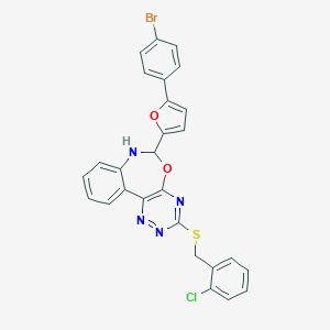 molecular formula C27H18BrClN4O2S B308384 6-[5-(4-Bromophenyl)-2-furyl]-6,7-dihydro[1,2,4]triazino[5,6-d][3,1]benzoxazepin-3-yl 2-chlorobenzyl sulfide 