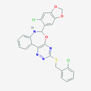 molecular formula C24H16Cl2N4O3S B308386 6-(6-Chloro-1,3-benzodioxol-5-yl)-3-[(2-chlorobenzyl)thio]-6,7-dihydro[1,2,4]triazino[5,6-d][3,1]benzoxazepine 