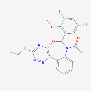 molecular formula C21H18I2N4O3S B308412 1-[6-(3,5-diiodo-2-methoxyphenyl)-3-(ethylsulfanyl)[1,2,4]triazino[5,6-d][3,1]benzoxazepin-7(6H)-yl]ethanone 