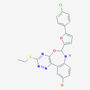 molecular formula C22H16BrClN4O2S B308415 10-Bromo-6-[5-(4-chlorophenyl)-2-furyl]-3-(ethylsulfanyl)-6,7-dihydro[1,2,4]triazino[5,6-d][3,1]benzoxazepine 