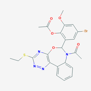 molecular formula C23H21BrN4O5S B308437 2-[7-Acetyl-3-(ethylsulfanyl)-6,7-dihydro[1,2,4]triazino[5,6-d][3,1]benzoxazepin-6-yl]-4-bromo-6-methoxyphenyl acetate 