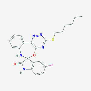 molecular formula C23H22FN5O2S B308451 5-fluoro-3'-(hexylsulfanyl)-1,3,6',7'-tetrahydrospiro(2H-indole-3,6'-[1,2,4]triazino[5,6-d][3,1]benzoxazepine)-2-one 