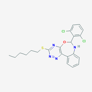 molecular formula C22H22Cl2N4OS B308454 6-(2,6-Dichlorophenyl)-3-(hexylsulfanyl)-6,7-dihydro[1,2,4]triazino[5,6-d][3,1]benzoxazepine 