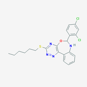 molecular formula C22H22Cl2N4OS B308455 6-(2,4-Dichlorophenyl)-3-(hexylsulfanyl)-6,7-dihydro[1,2,4]triazino[5,6-d][3,1]benzoxazepine 