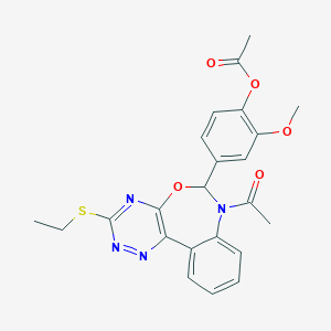 molecular formula C23H22N4O5S B308473 4-[7-Acetyl-3-(ethylsulfanyl)-6,7-dihydro[1,2,4]triazino[5,6-d][3,1]benzoxazepin-6-yl]-2-methoxyphenyl acetate 