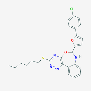 molecular formula C26H25ClN4O2S B308479 6-[5-(4-Chlorophenyl)-2-furyl]-6,7-dihydro[1,2,4]triazino[5,6-d][3,1]benzoxazepin-3-ylhexylsulfide 