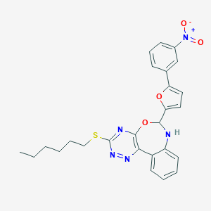 molecular formula C26H25N5O4S B308481 3-(Hexylsulfanyl)-6-(5-{3-nitrophenyl}-2-furyl)-6,7-dihydro[1,2,4]triazino[5,6-d][3,1]benzoxazepine 