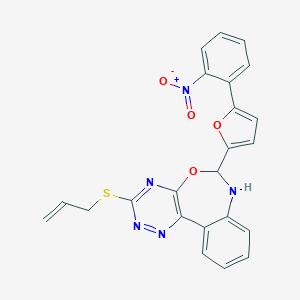 molecular formula C23H17N5O4S B308503 3-(Allylthio)-6-(5-{2-nitrophenyl}-2-furyl)-6,7-dihydro[1,2,4]triazino[5,6-d][3,1]benzoxazepine 