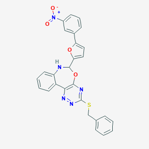 molecular formula C27H19N5O4S B308512 3-(Benzylsulfanyl)-6-(5-{3-nitrophenyl}-2-furyl)-6,7-dihydro[1,2,4]triazino[5,6-d][3,1]benzoxazepine 