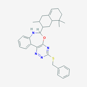 molecular formula C30H34N4OS B308513 3-(Benzylsulfanyl)-6-(3,8,8-trimethyl-1,2,3,4,6,7,8,8a-octahydro-2-naphthalenyl)-6,7-dihydro[1,2,4]triazino[5,6-d][3,1]benzoxazepine 