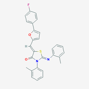molecular formula C28H21FN2O2S B308561 5-{[5-(4-Fluorophenyl)-2-furyl]methylene}-3-(2-methylphenyl)-2-[(2-methylphenyl)imino]-1,3-thiazolidin-4-one 