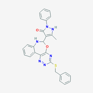 molecular formula C27H22N6O2S B308565 4-[3-(benzylsulfanyl)-6,7-dihydro[1,2,4]triazino[5,6-d][3,1]benzoxazepin-6-yl]-3-methyl-1-phenyl-1H-pyrazol-5-ol 