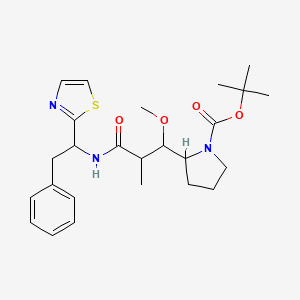 molecular formula C25H35N3O4S B3089892 1-Pyrrolidinecarboxylic acid, 2-[(1R,2R)-1-Methoxy-2-Methyl-3-oxo-3-[[(1S)-2-phenyl-1-(2-thiazolyl)ethyl]aMino]propyl]-, 1,1-diMethylethyl ester, (2S)- CAS No. 120205-54-1