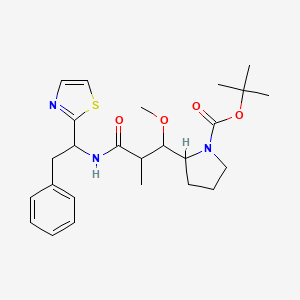 molecular formula C25H35N3O4S B3089892 1-吡咯烷羧酸，2-[(1R,2R)-1-甲氧基-2-甲基-3-氧代-3-[[(1S)-2-苯基-1-(2-噻唑基)乙基]氨基]丙基]-, 1,1-二甲基乙酯，(2S)- CAS No. 120205-54-1