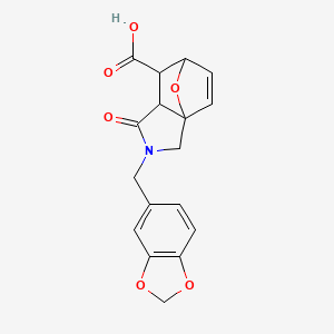 molecular formula C17H15NO6 B3090569 2-(1,3-Benzodioxol-5-ylmethyl)-1-oxo-1,2,3,6,7,7a-hexahydro-3a,6-epoxyisoindole-7-carboxylic acid CAS No. 1212210-50-8