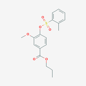 molecular formula C18H20O6S B309158 Propyl 3-methoxy-4-{[(2-methylphenyl)sulfonyl]oxy}benzoate 