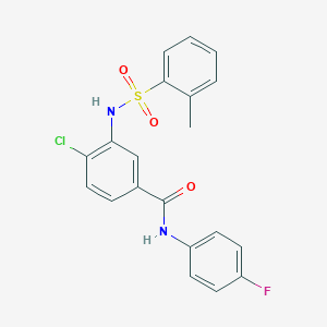 molecular formula C20H16ClFN2O3S B309160 4-chloro-N-(4-fluorophenyl)-3-{[(2-methylphenyl)sulfonyl]amino}benzamide 