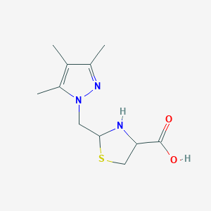 molecular formula C11H17N3O2S B3091678 2-[(3,4,5-trimethyl-1H-pyrazol-1-yl)methyl]-1,3-thiazolidine-4-carboxylic acid CAS No. 1218362-57-2