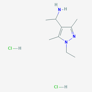 molecular formula C9H19Cl2N3 B3094200 1-(1-Ethyl-3,5-dimethyl-1H-pyrazol-4-yl)ethanamine dihydrochloride CAS No. 1255717-74-8