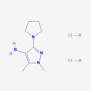 molecular formula C9H18Cl2N4 B3095767 1,5-Dimethyl-3-(1-pyrrolidinyl)-1H-pyrazol-4-amine dihydrochloride CAS No. 1269052-78-9