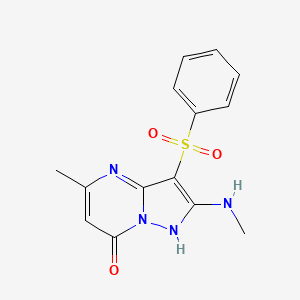 molecular formula C14H14N4O3S B3098374 5-甲基-2-(甲基氨基)-3-(苯磺酰基)吡唑并[1,5-a]嘧啶-7(4H)-酮 CAS No. 1334489-92-7