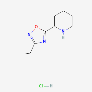 molecular formula C9H16ClN3O B3101159 2-(3-Ethyl-1,2,4-oxadiazol-5-yl)piperidine hydrochloride CAS No. 1385696-71-8