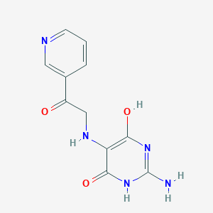 molecular formula C11H11N5O3 B3103060 2-Amino-6-hydroxy-5-((2-oxo-2-(pyridin-3-yl)ethyl)amino)pyrimidin-4(3H)-one CAS No. 1431698-09-7