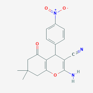 molecular formula C18H17N3O4 B3103473 2-氨基-7,7-二甲基-4-(4-硝基苯基)-5-氧代-5,6,7,8-四氢-4H-色满-3-腈 CAS No. 144036-35-1