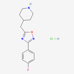 molecular formula C14H17ClFN3O B3109200 4-{[3-(4-Fluorophenyl)-1,2,4-oxadiazol-5-yl]methyl}piperidine hydrochloride CAS No. 1706464-42-7