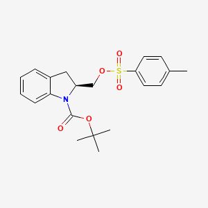 molecular formula C21H25NO5S B3113706 1H-Indole-1-carboxylic acid, 2,3-dihydro-2-[[[(4-methylphenyl)sulfonyl]oxy]methyl]-, 1,1-dimethylethyl ester, (2S)- CAS No. 197460-26-7