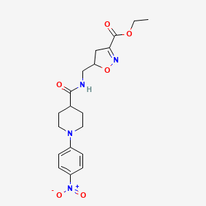 molecular formula C19H24N4O6 B3122360 Ethyl 5-[({[1-(4-nitrophenyl)-4-piperidinyl]carbonyl}amino)methyl]-4,5-dihydro-3-isoxazolecarboxylate CAS No. 303144-47-0