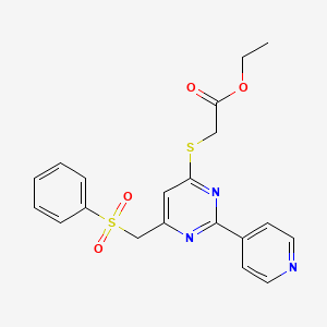 molecular formula C20H19N3O4S2 B3122453 Ethyl 2-{[6-[(phenylsulfonyl)methyl]-2-(4-pyridinyl)-4-pyrimidinyl]sulfanyl}acetate CAS No. 303147-07-1