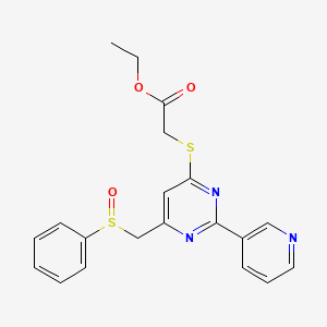 molecular formula C20H19N3O3S2 B3122501 Ethyl 2-{[6-[(phenylsulfinyl)methyl]-2-(3-pyridinyl)-4-pyrimidinyl]sulfanyl}acetate CAS No. 303147-51-5