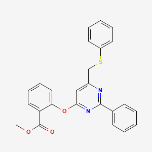 molecular formula C25H20N2O3S B3122513 Methyl 2-[2-phenyl-6-(phenylsulfanylmethyl)pyrimidin-4-yl]oxybenzoate CAS No. 303147-66-2