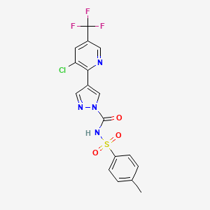 molecular formula C17H12ClF3N4O3S B3122609 4-[3-chloro-5-(trifluoromethyl)pyridin-2-yl]-N-(4-methylphenyl)sulfonylpyrazole-1-carboxamide CAS No. 303150-29-0