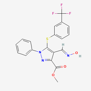 molecular formula C19H14F3N3O3S B3124366 4-[(羟亚氨基)甲基]-1-苯基-5-{[3-(三氟甲基)苯基]硫烷基}-1H-吡唑-3-羧酸甲酯 CAS No. 318238-04-9