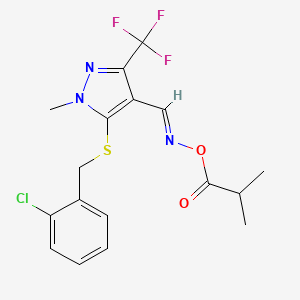 molecular formula C17H17ClF3N3O2S B3124378 N-{[5-[(2-chlorobenzyl)sulfanyl]-1-methyl-3-(trifluoromethyl)-1H-pyrazol-4-yl]methylene}-N-(isobutyryloxy)amine CAS No. 318238-28-7