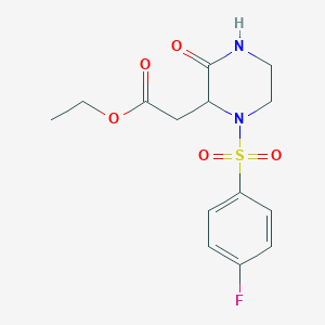molecular formula C14H17FN2O5S B3124463 Ethyl 2-{1-[(4-fluorophenyl)sulfonyl]-3-oxo-2-piperazinyl}acetate CAS No. 318288-74-3