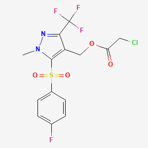 molecular formula C14H11ClF4N2O4S B3124475 [5-[(4-fluorophenyl)sulfonyl]-1-methyl-3-(trifluoromethyl)-1H-pyrazol-4-yl]methyl 2-chloroacetate CAS No. 318469-42-0