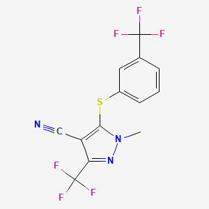molecular formula C13H7F6N3S B3124516 1-methyl-3-(trifluoromethyl)-5-{[3-(trifluoromethyl)phenyl]sulfanyl}-1H-pyrazole-4-carbonitrile CAS No. 318517-74-7