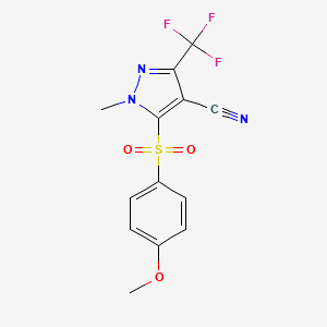molecular formula C13H10F3N3O3S B3124518 5-[(4-methoxyphenyl)sulfonyl]-1-methyl-3-(trifluoromethyl)-1H-pyrazole-4-carbonitrile CAS No. 318517-90-7
