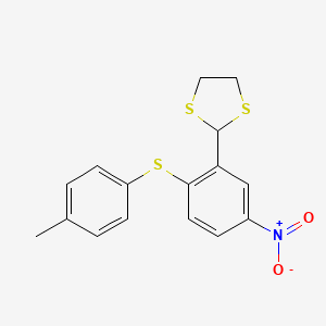 molecular formula C16H15NO2S3 B3125679 2-{2-[(4-Methylphenyl)sulfanyl]-5-nitrophenyl}-1,3-dithiolane CAS No. 328263-21-4