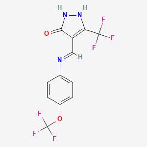 molecular formula C12H7F6N3O2 B3126951 4-{[4-(trifluoromethoxy)anilino]methylene}-5-(trifluoromethyl)-2,4-dihydro-3H-pyrazol-3-one CAS No. 338394-38-0