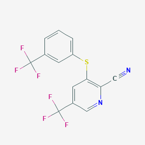 molecular formula C14H6F6N2S B3127013 5-(Trifluoromethyl)-3-{[3-(trifluoromethyl)phenyl]sulfanyl}-2-pyridinecarbonitrile CAS No. 338396-87-5