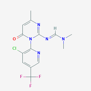 molecular formula C14H13ClF3N5O B3127115 N'-[1-[3-氯-5-(三氟甲基)吡啶-2-基]-4-甲基-6-氧代嘧啶-2-基]-N,N-二甲基甲亚胺酰胺 CAS No. 338400-07-0
