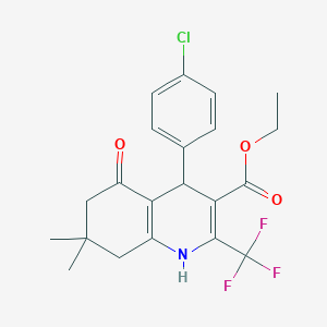 molecular formula C21H21ClF3NO3 B3127135 Ethyl 4-(4-chlorophenyl)-7,7-dimethyl-5-oxo-2-(trifluoromethyl)-1,4,6,8-tetrahydroquinoline-3-carboxylate CAS No. 338400-87-6