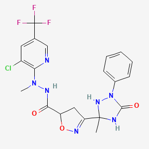 molecular formula C20H19ClF3N7O3 B3127146 N'-[3-chloro-5-(trifluoromethyl)pyridin-2-yl]-N'-methyl-3-(3-methyl-5-oxo-1-phenyl-1,2,4-triazolidin-3-yl)-4,5-dihydro-1,2-oxazole-5-carbohydrazide CAS No. 338400-95-6